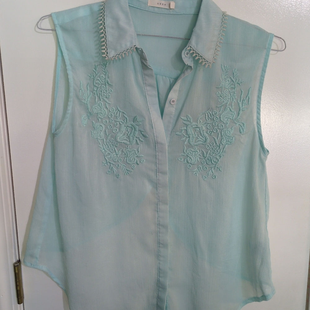 Lush Sheer Embroidered Light Blue Button-Up Blouse With Crisscross Back- Size S